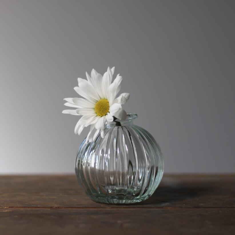 Small round ribbed glass bud vase with flower stem
