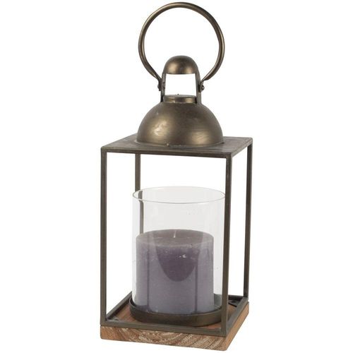 large vintage-style candle lantern with wooden base