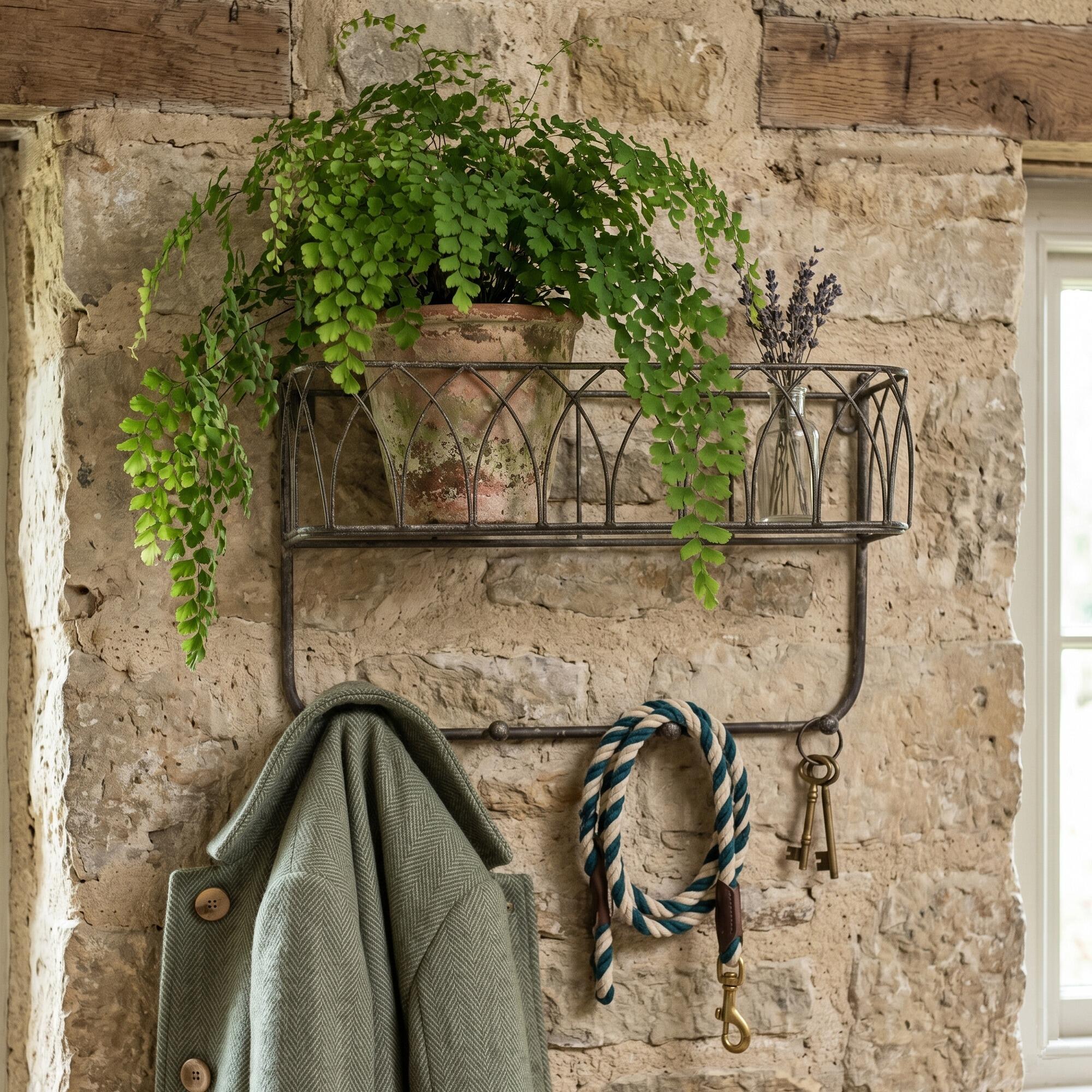 rustic coat rack with basket shelf displaying a vintage pot