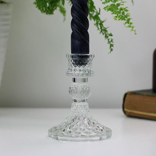 Small clear glass candlestick holder