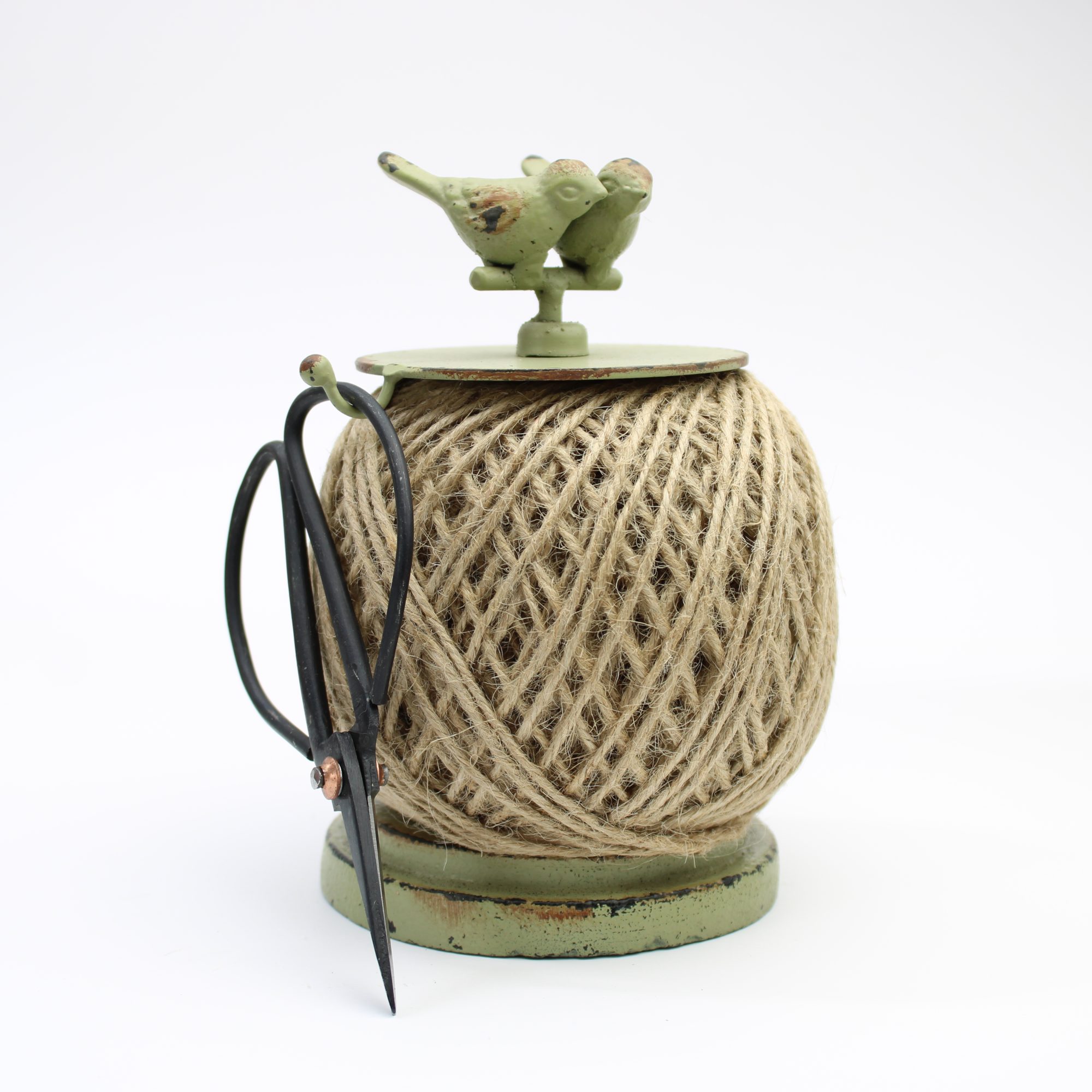 Garden twine dispenser with scissors and jute string for gardening and gift wrapping