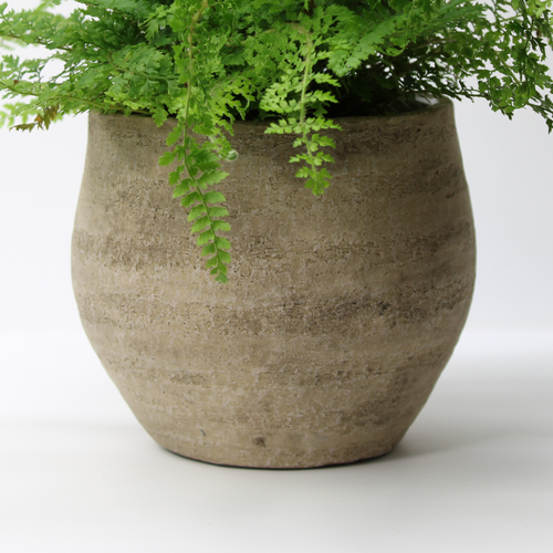 close-up of a natural-toned distressed plant pot showing textured surface