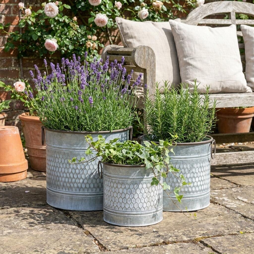 Set of three vintage garden planters in a country garden