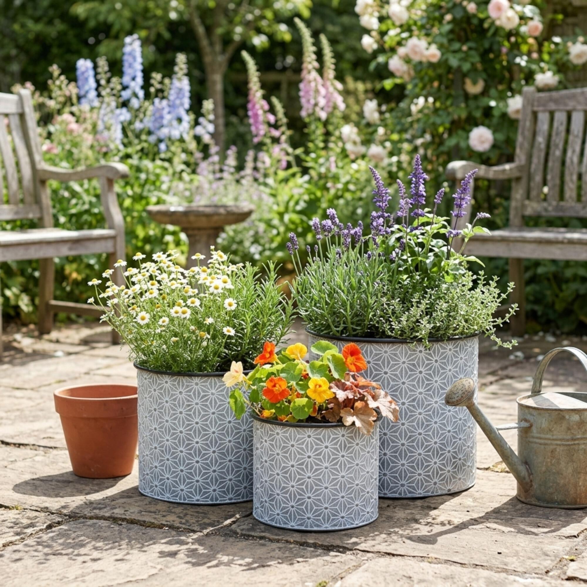 Set of 3 metal garden planters on patio