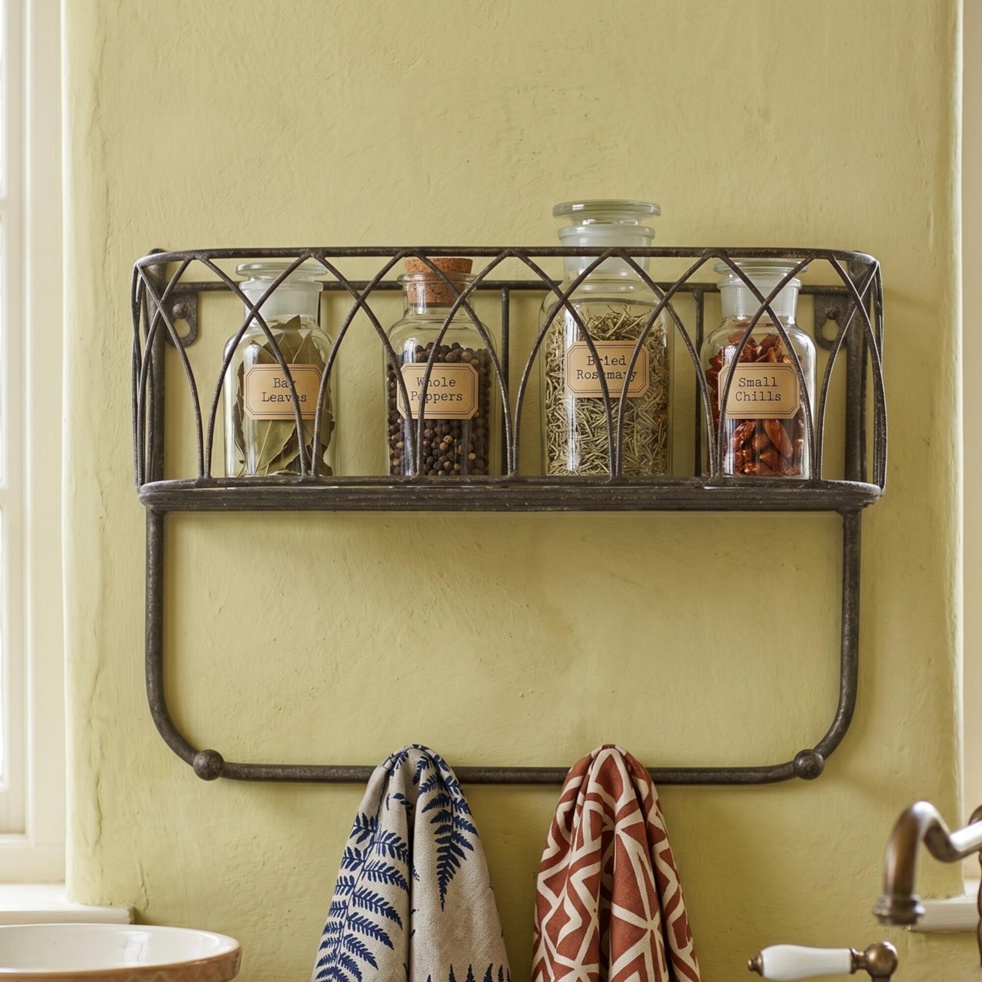 rustic coat rack with basket shelf used in the kitchen