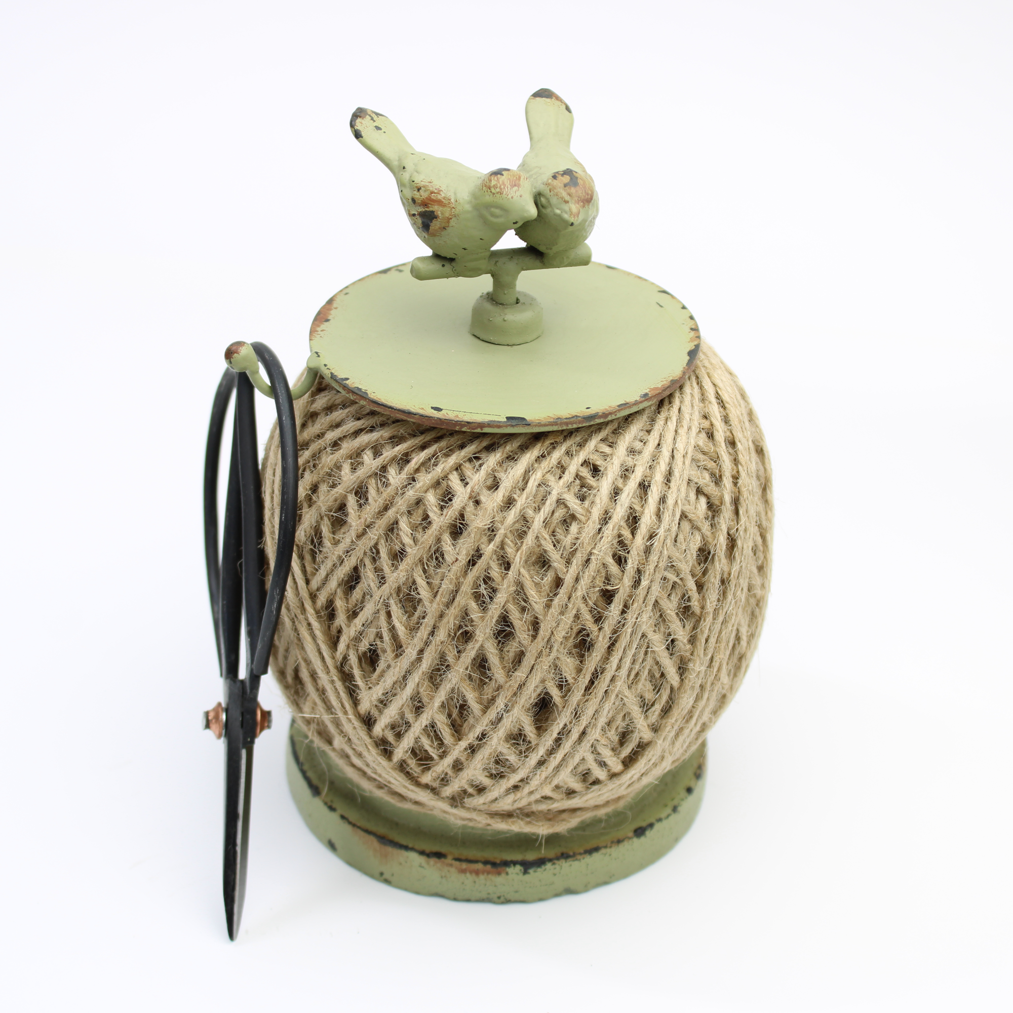 Cast iron bird twine holder with rustic green finish and included cutting scissors