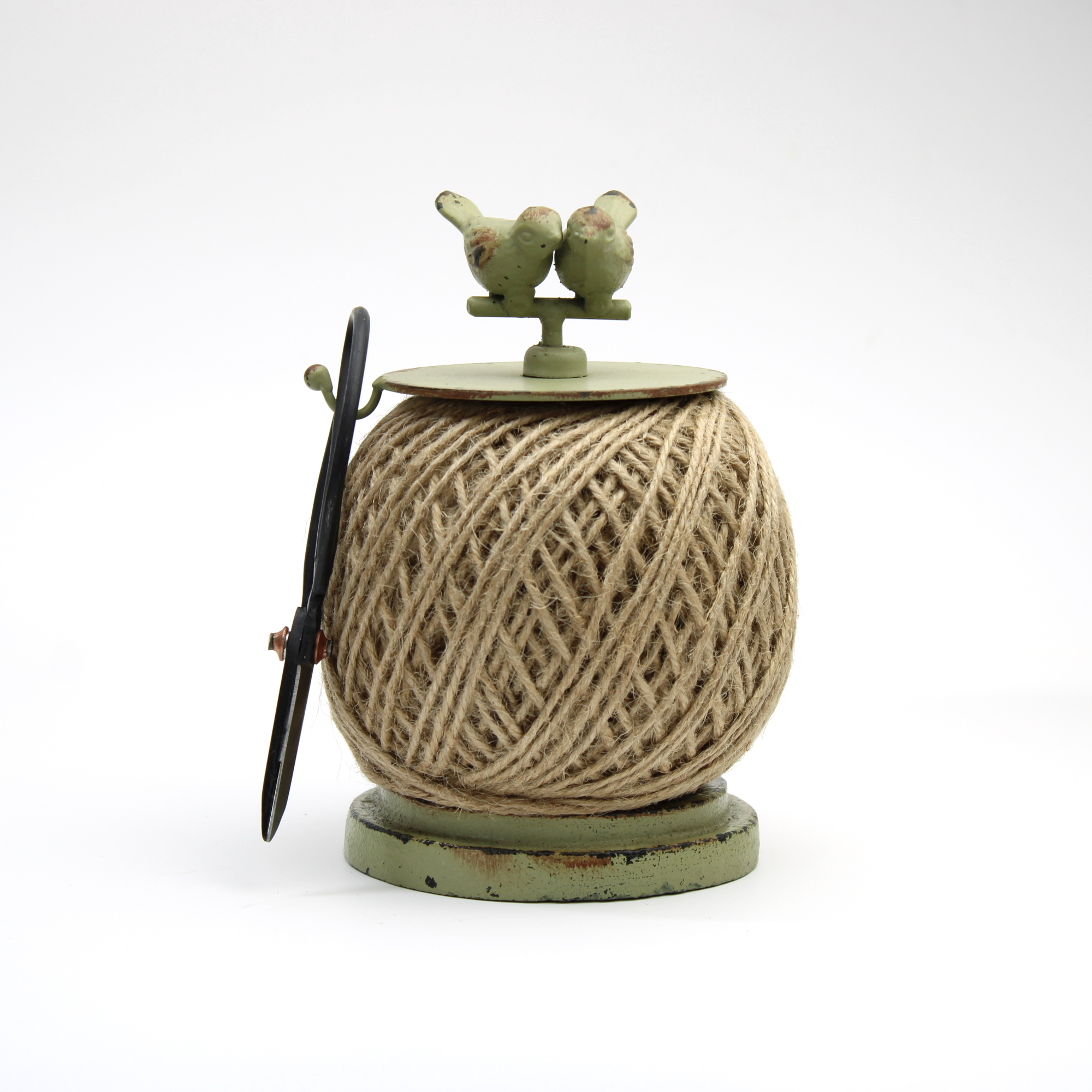 Vintage style string dispenser featuring a green bird, pre-loaded jute twine, and attached black scissors