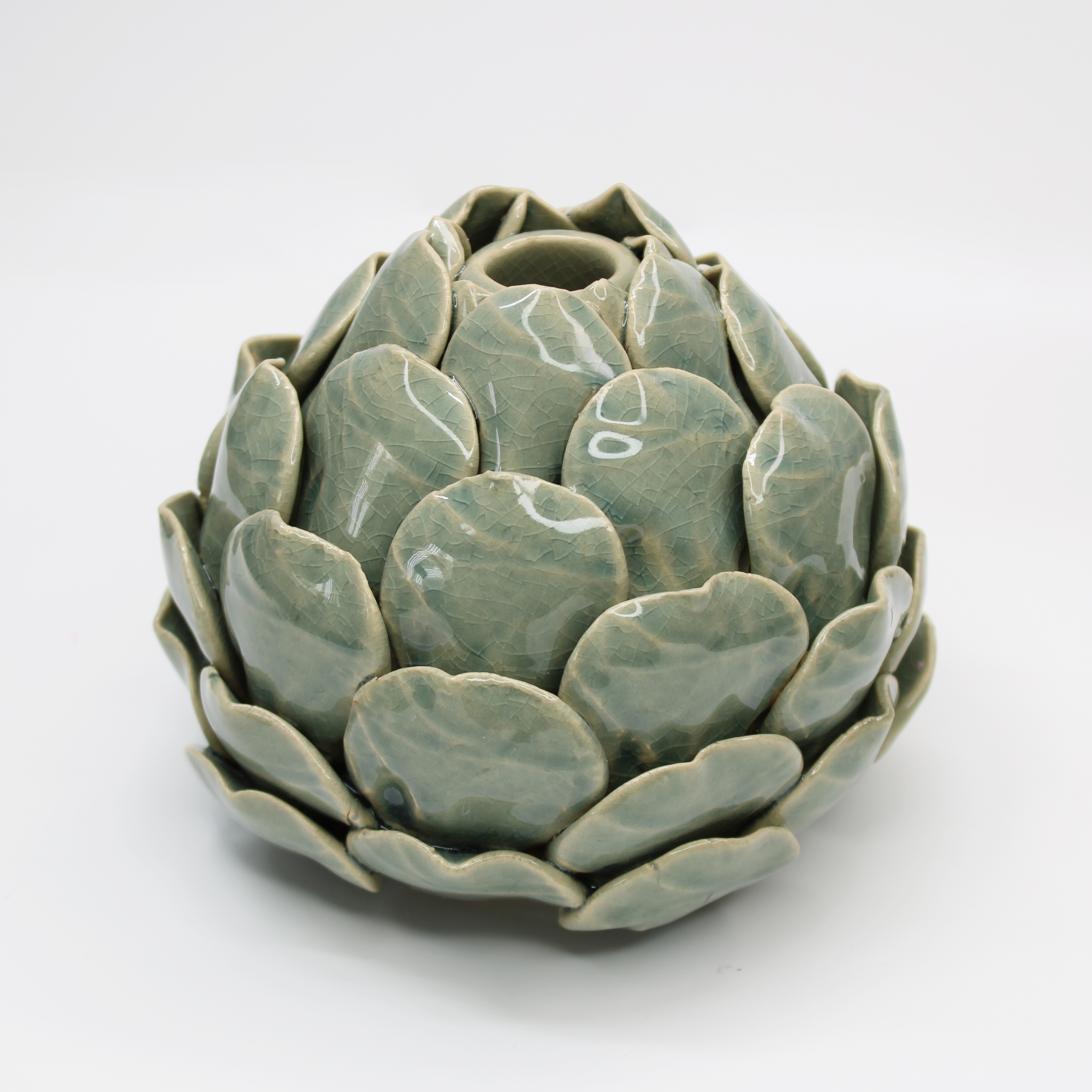 ceramic artichoke candle holder with green glaze