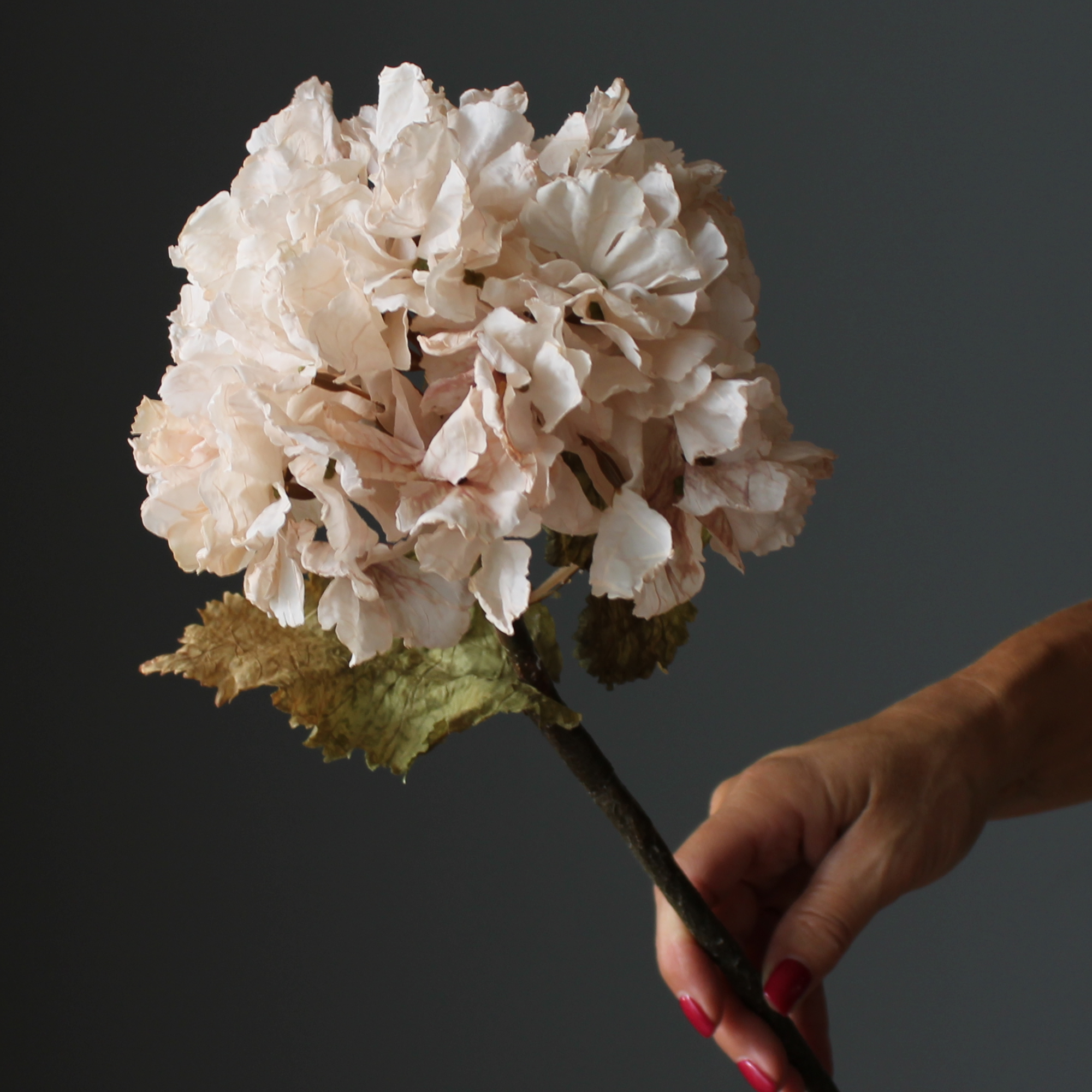 hand holding a single stem of a cream artificial hydrangea