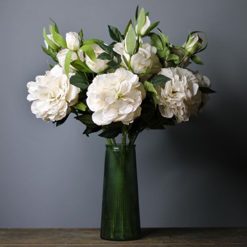 faux silk hillary peony Ivory in green vase