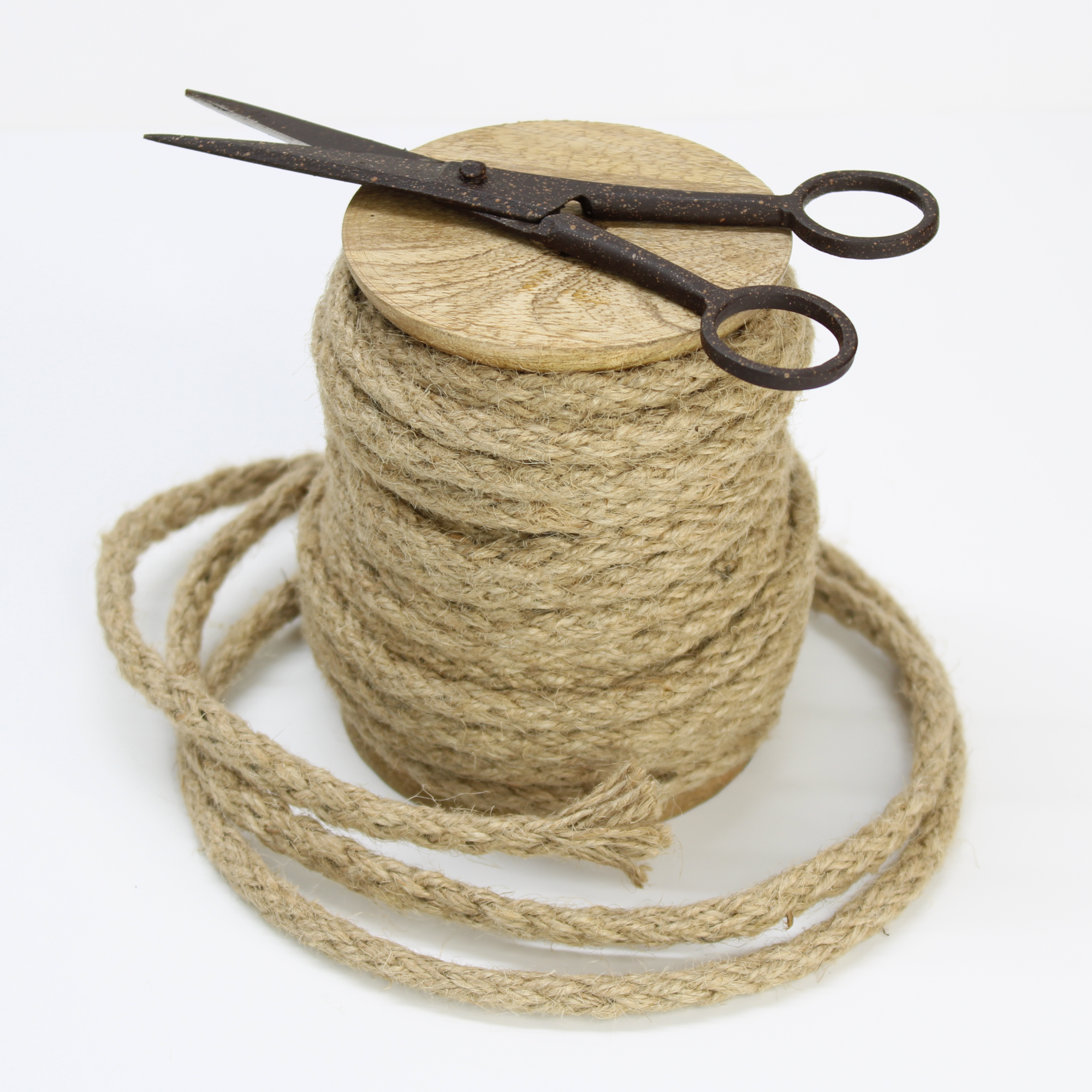 Craft and garden jute rope string spool with scissors in rustic wooden stand