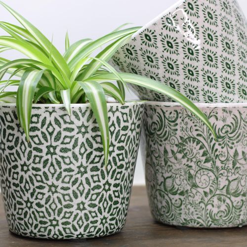 Handcrafted terracotta plant pots with green a vintage crackle glaze