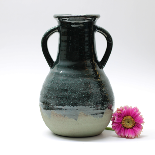 rustic terracotta vase part glazed dark green