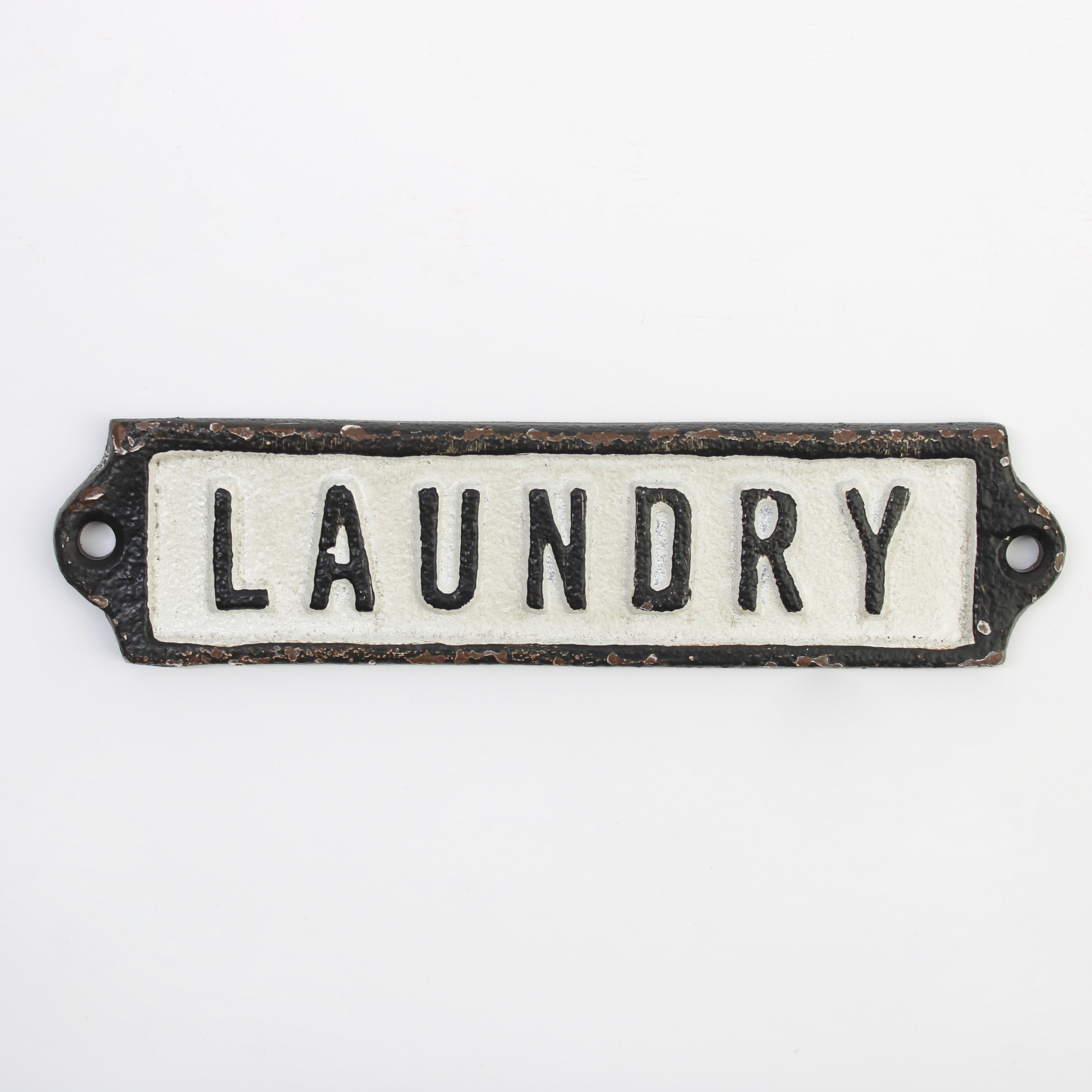 Rustic distressed black and white cast metal Laundry room door sign