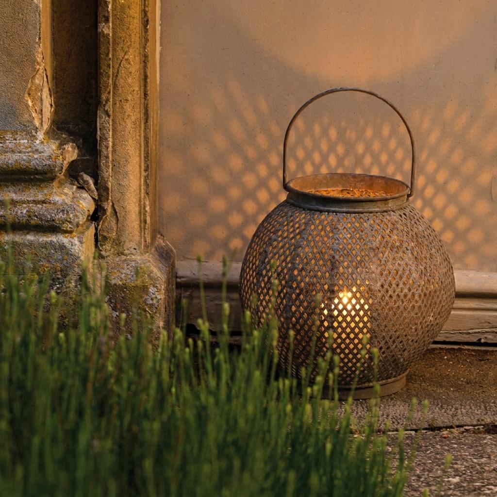 Rustic round candle lantern in the garden at night.