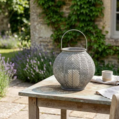 Weathered lantern on and rustic table in the garden.