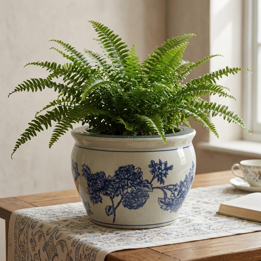 Blue & white ceramic pot with fern plant.