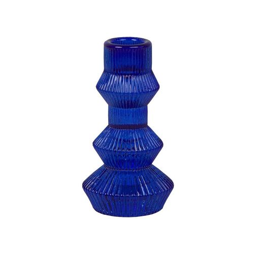 Cobalt blue ribbed glass candle holder