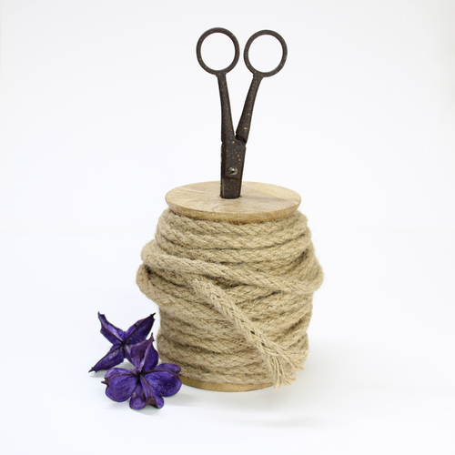 Natural jute thick twine wrapped on wooden spool with antique-style scissors