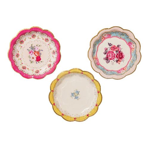 scalloped edge paper plates with bright floral design