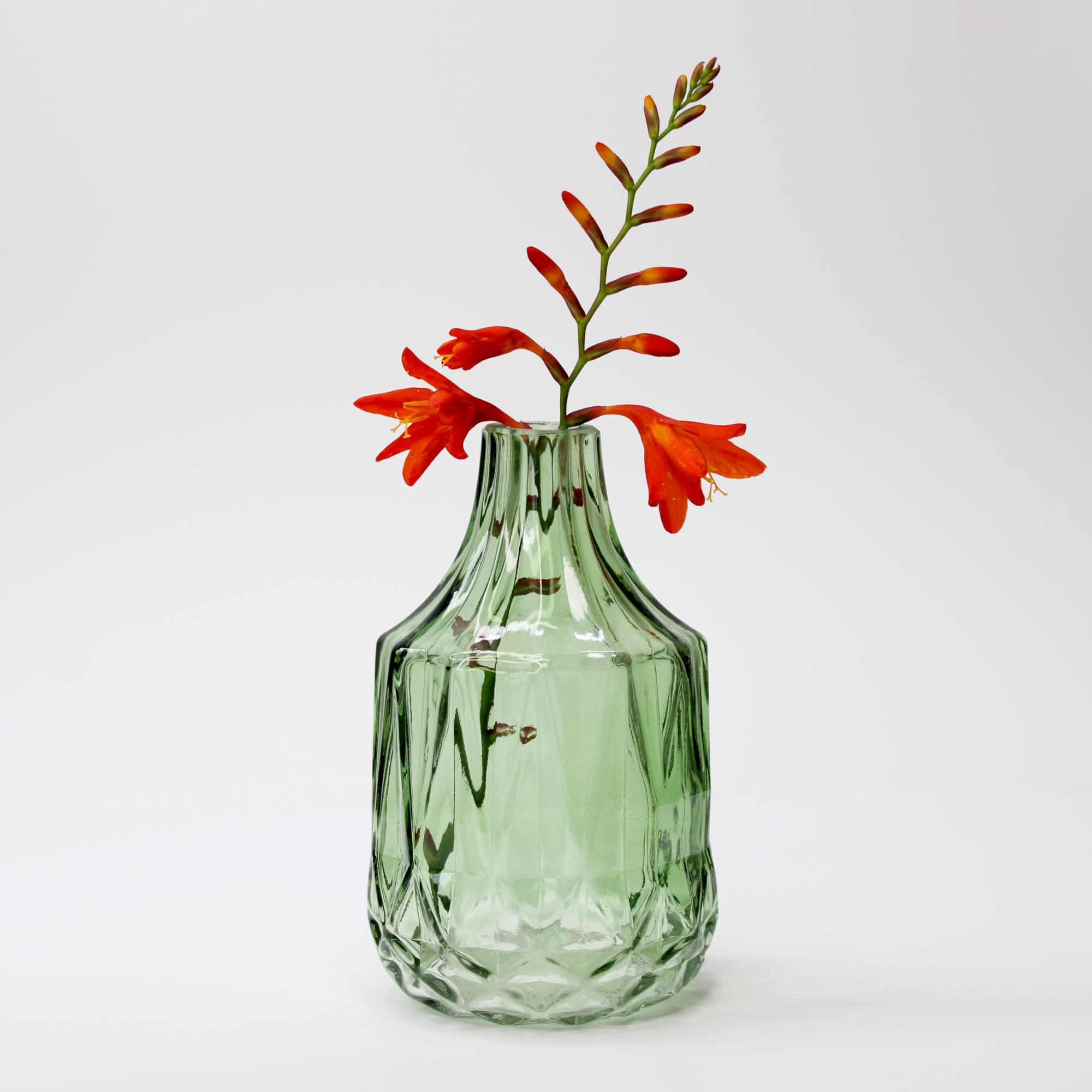 green bud vase with small garden flower cutting