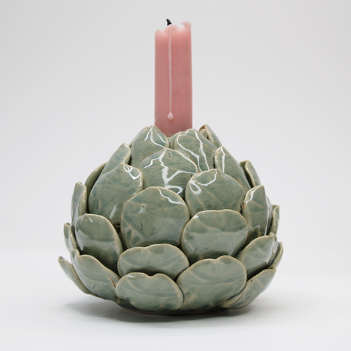 artichoke candle holder with pink dinner candle
