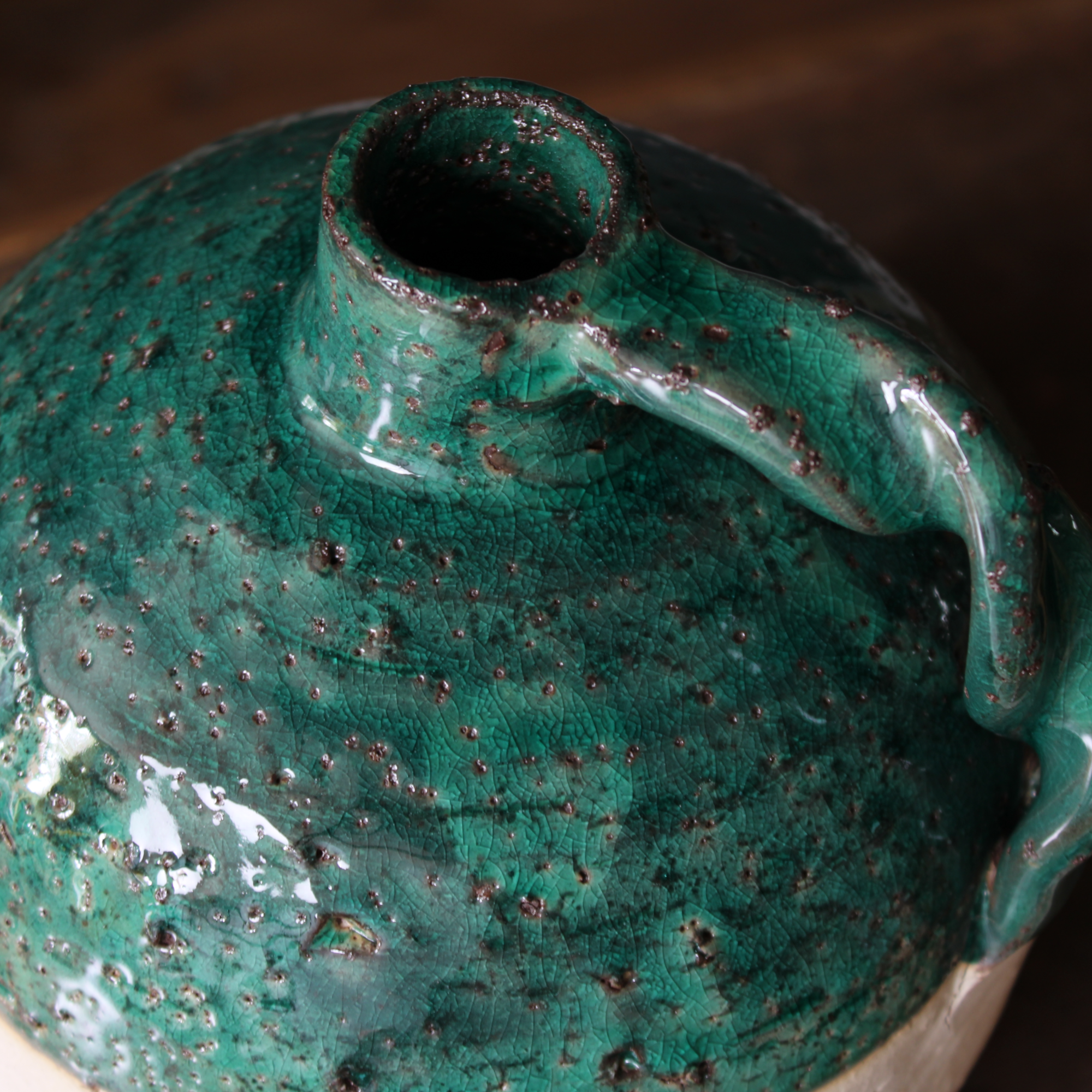 overhead shot of the handmade terracotta jug, showing the opening.