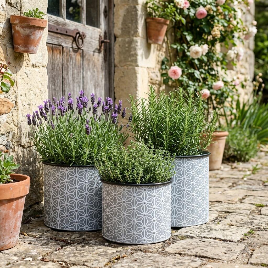 Set of 3 zinc garden planters with herbs