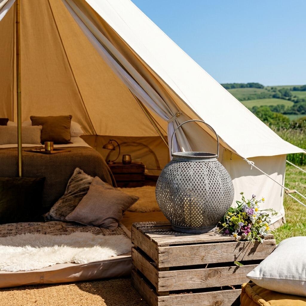 Candle lantern used for glamping outside tent.
