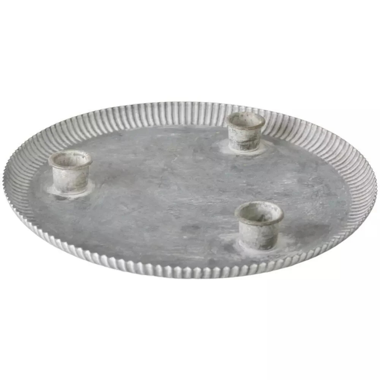 Round fluted zinc candle tray on white background