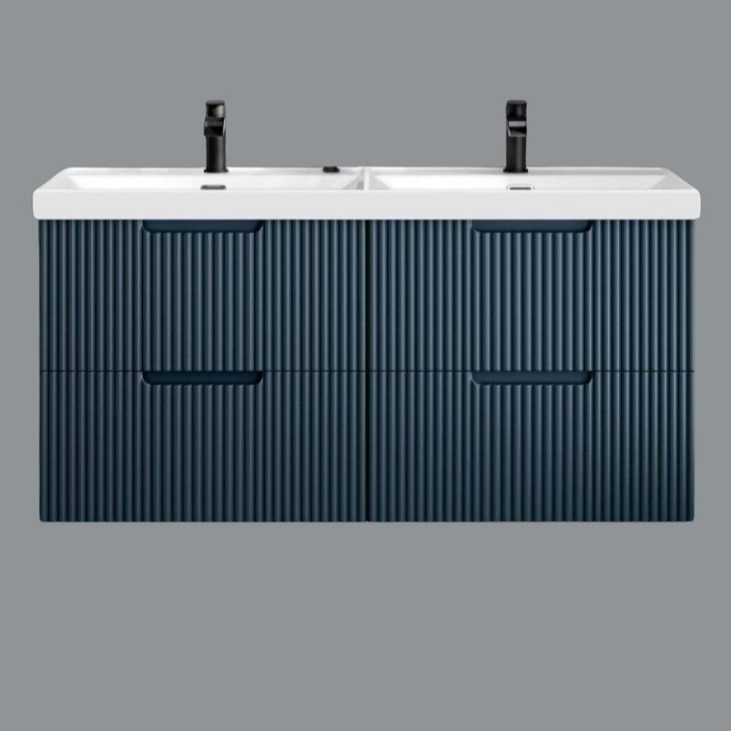 Miami 1200mm Fluted Dark Blue Wall Hung Vanity Unit with Double Ceramic Basins