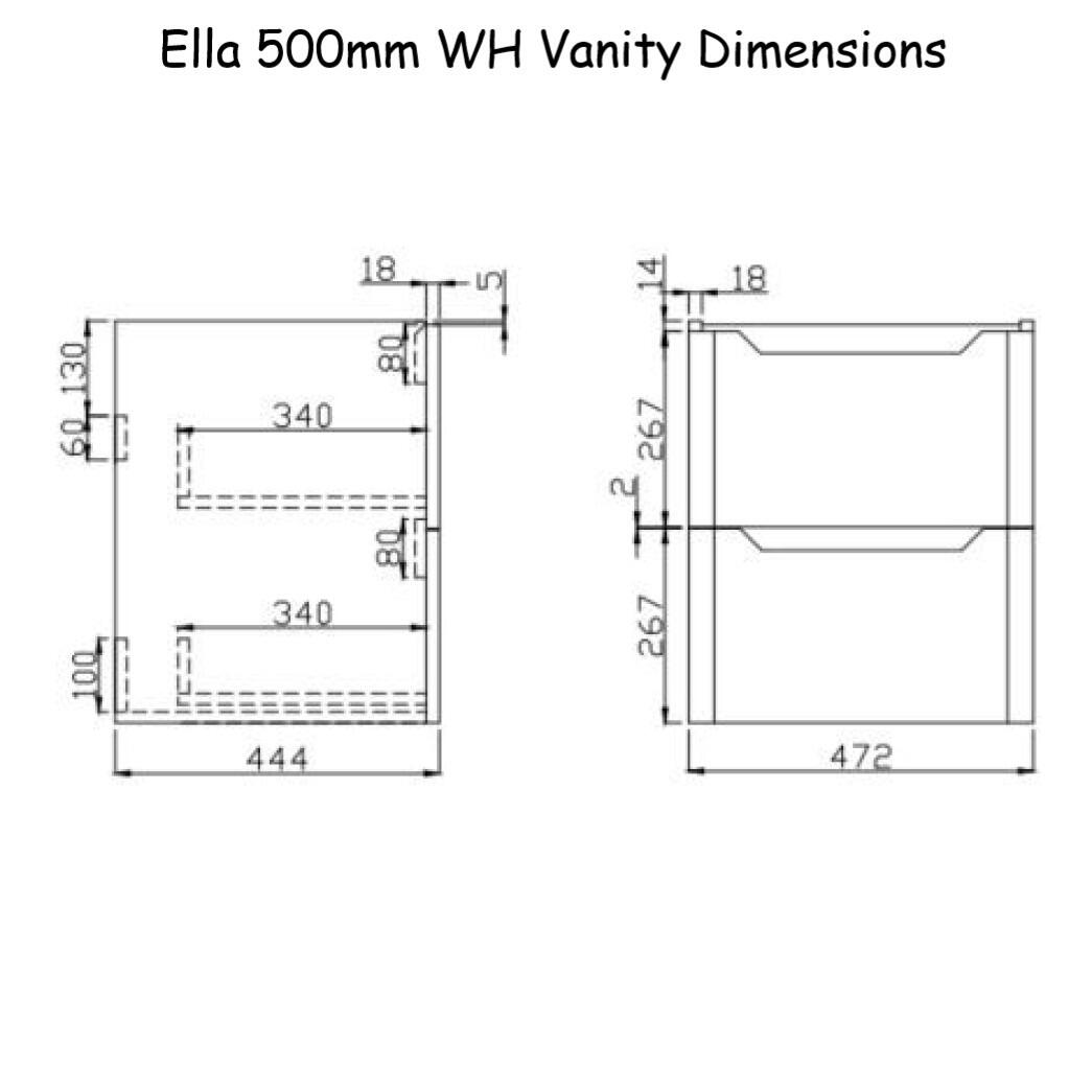 Ella 500mm Wall Hung 2 Drawer Vanity Unit Dimensions