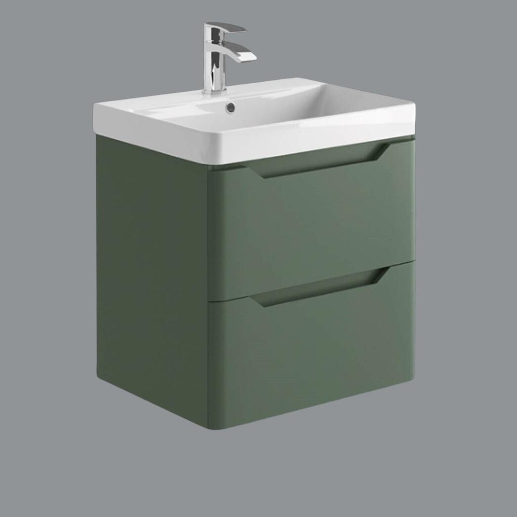 Ella 600mm Green Smoke Wall Hung 2 Drawer Vanity Unit with Ceramic Basin