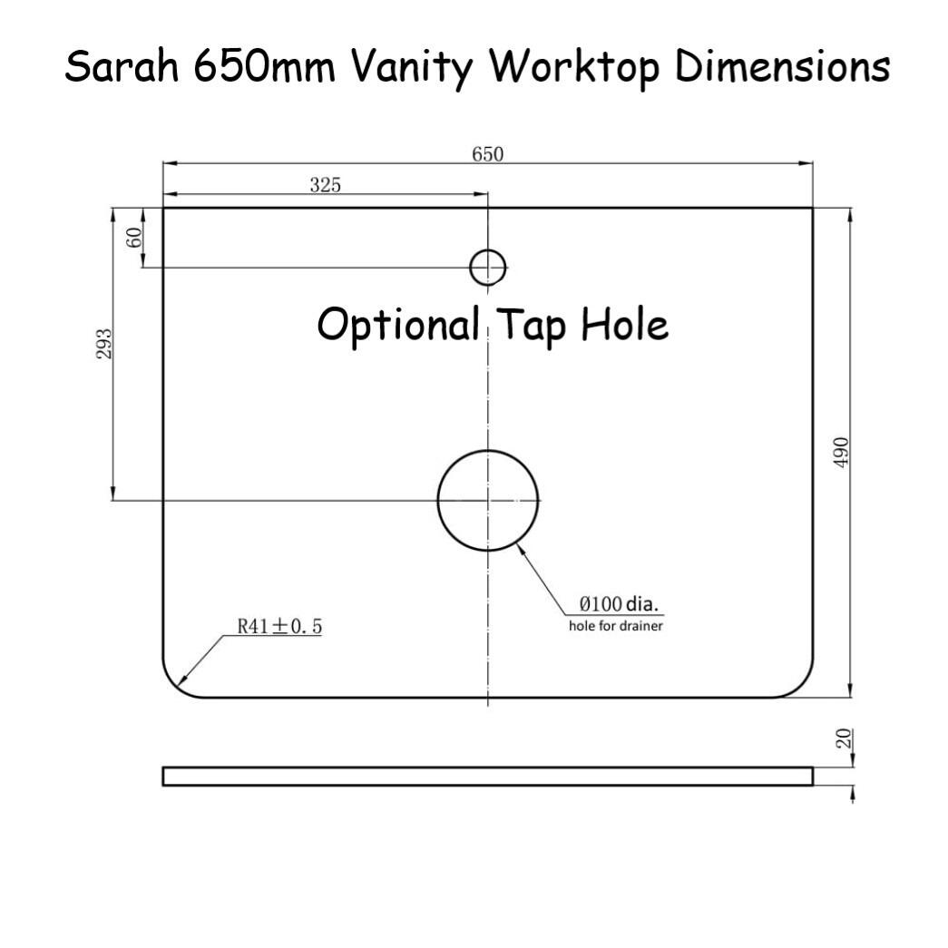 Sarah 650mm Vanity Unit Worktop Dimensions