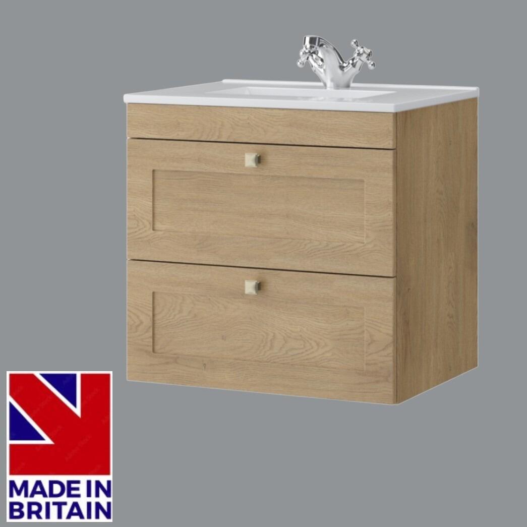Sanctuary Shaker 600mm 2 Drawer Wall Hung Vanity Unit - Torro Oak