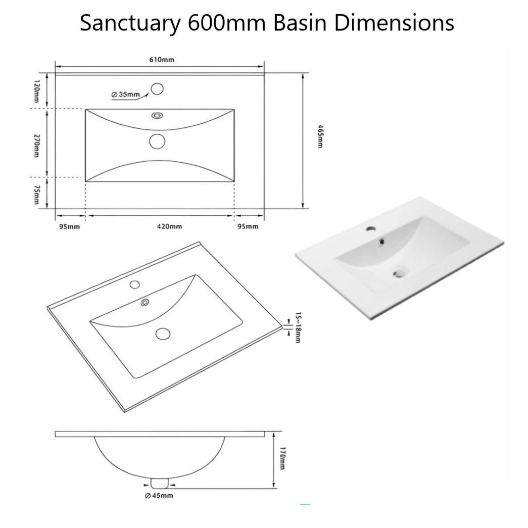 Sanctuary Shaker 600mm Vanity Unit Basin Dimensions