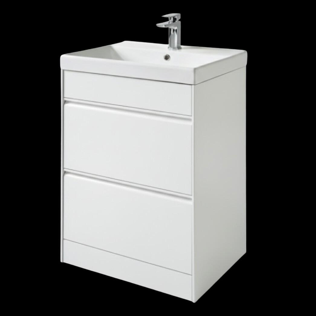 Moonstone Lunar 600mm Floor Standing Vanity Unit With Ceramic Basin - Matt White