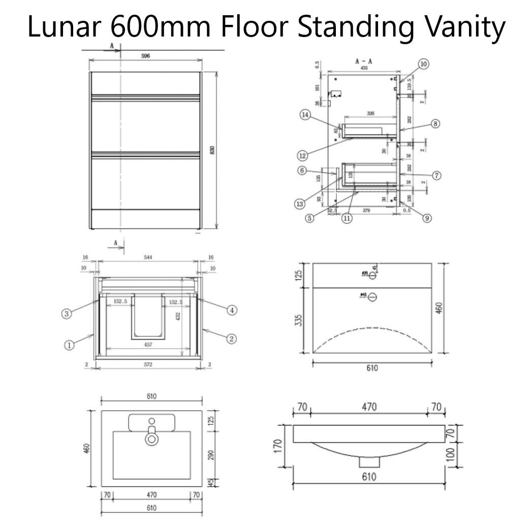 Moonstone Lunar 600mm Floor Standing Vanity Unit Dimensions