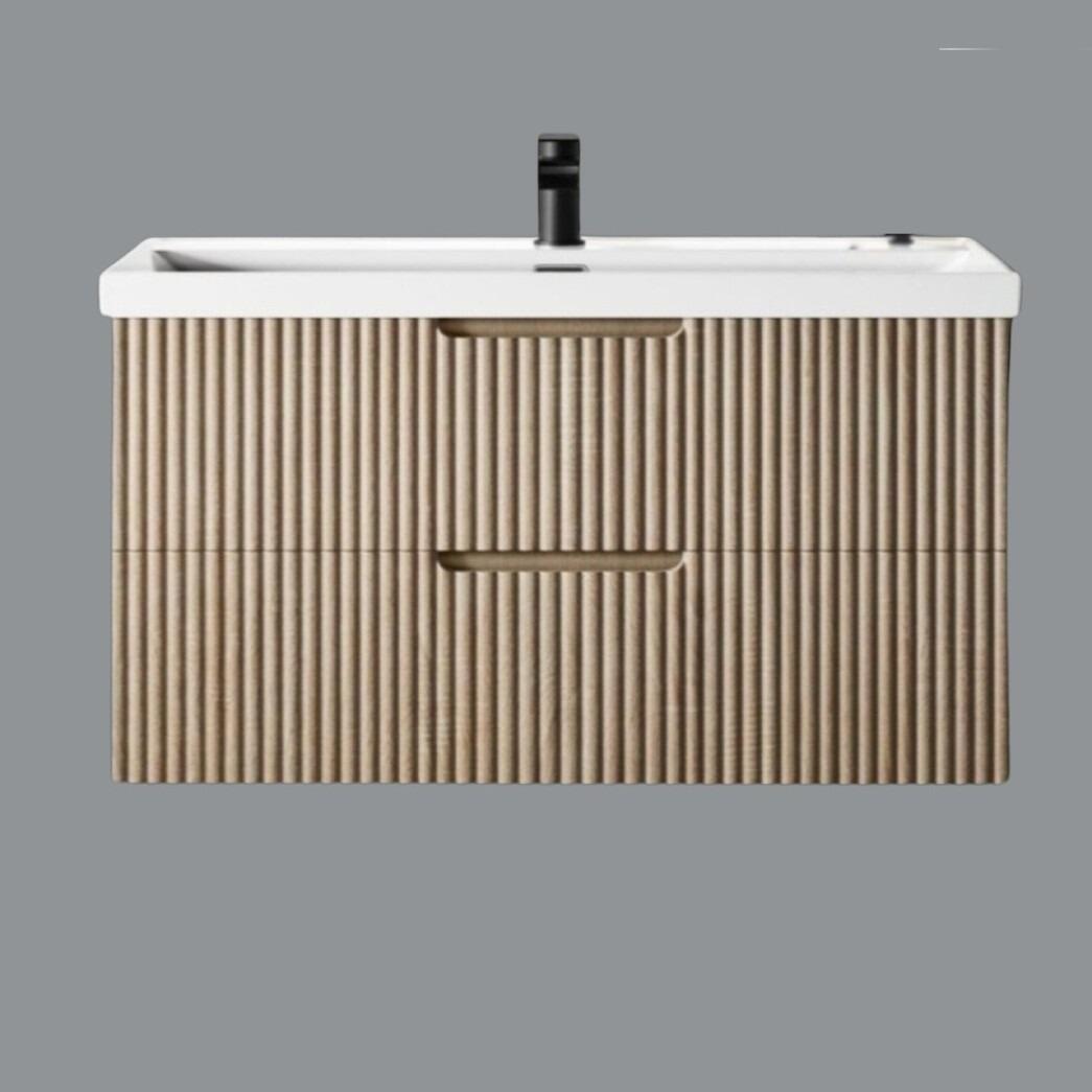 Miami 1000mm Fluted Wall Hung Vanity Unit with Ceramic Basin - Light Oak
