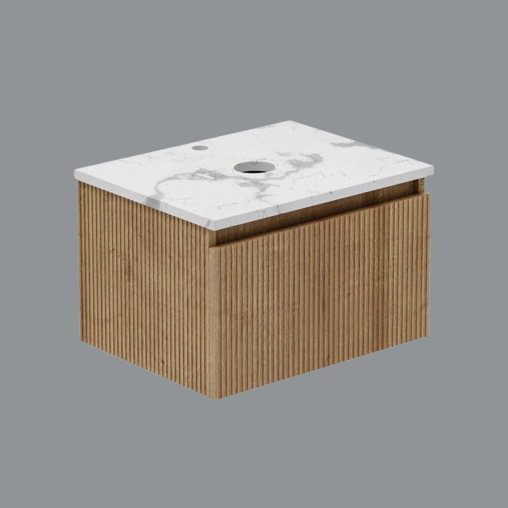 Ripple 650mm Fluted Light Oak Wall Hung Vanity Unit with Quartz Marble Worktop