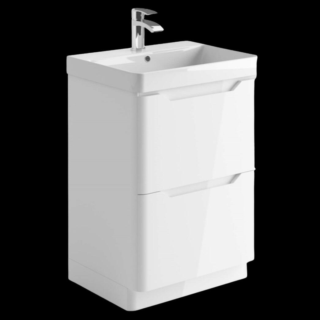 Ella 600mm Gloss White Floor Standing 2 Drawer Vanity Unit with Ceramic Basin