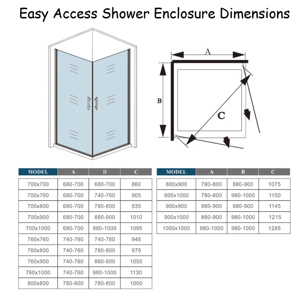 Easy Access Double Pivot Door Shower Enclosure - Dimensions