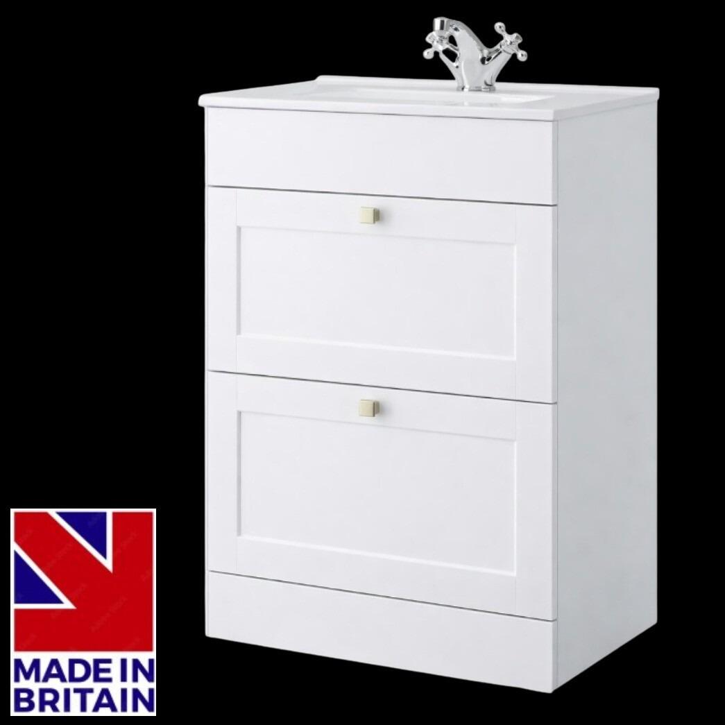 Sanctuary Shaker 600mm 2 Drawer Floor Standing Vanity Unit - Matt White