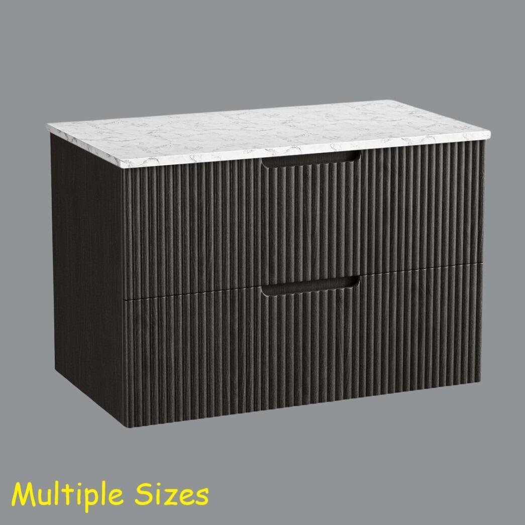 Miami Dark Elm Fluted Wall Hung Vanity Unit with Carrara Marble Worktop