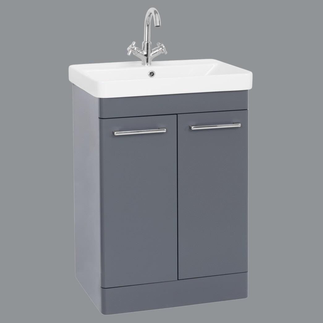 Orion 600mm Cool Grey 2 Door Curved Edge Vanity Unit With Ceramic Basin