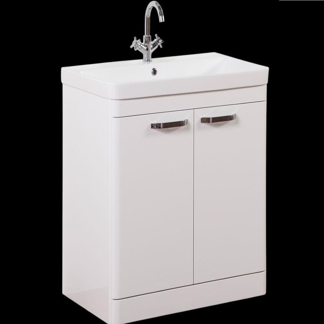 Orion 600mm Gloss White 2 Door Curved Edge Vanity Unit With Ceramic Basin