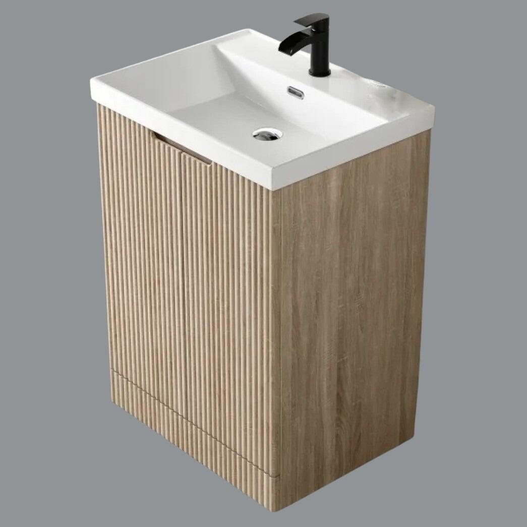 Miami 600mm Fluted 2 Door Vanity Unit with Ceramic Basin - Light Oak