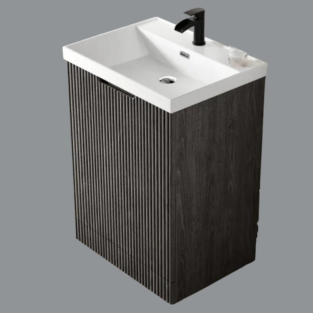 Miami 600mm Fluted 2 Door Vanity Unit with Ceramic Basin - Charcoal Elm