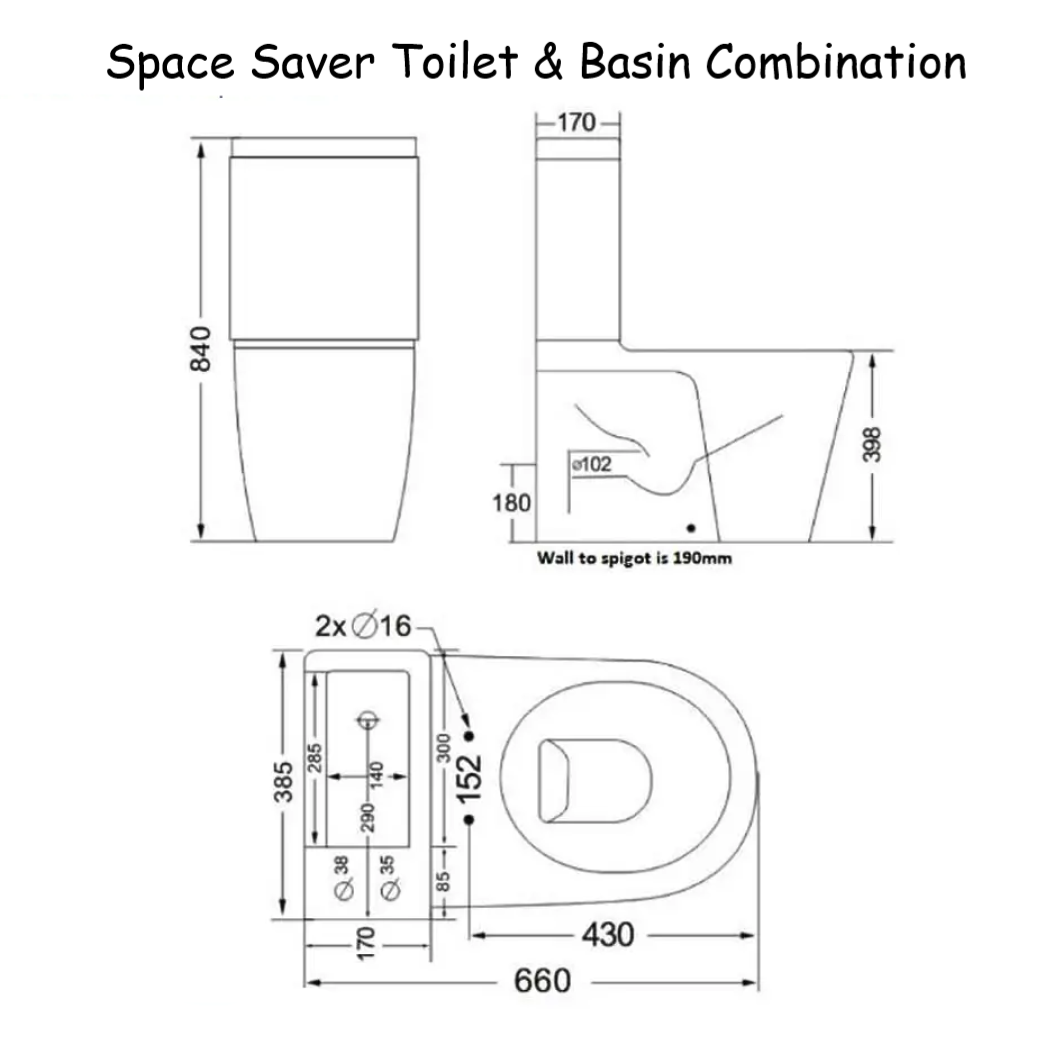 Kartell Space Saver 2-in-1 Toilet & Basin Combination Dimensions