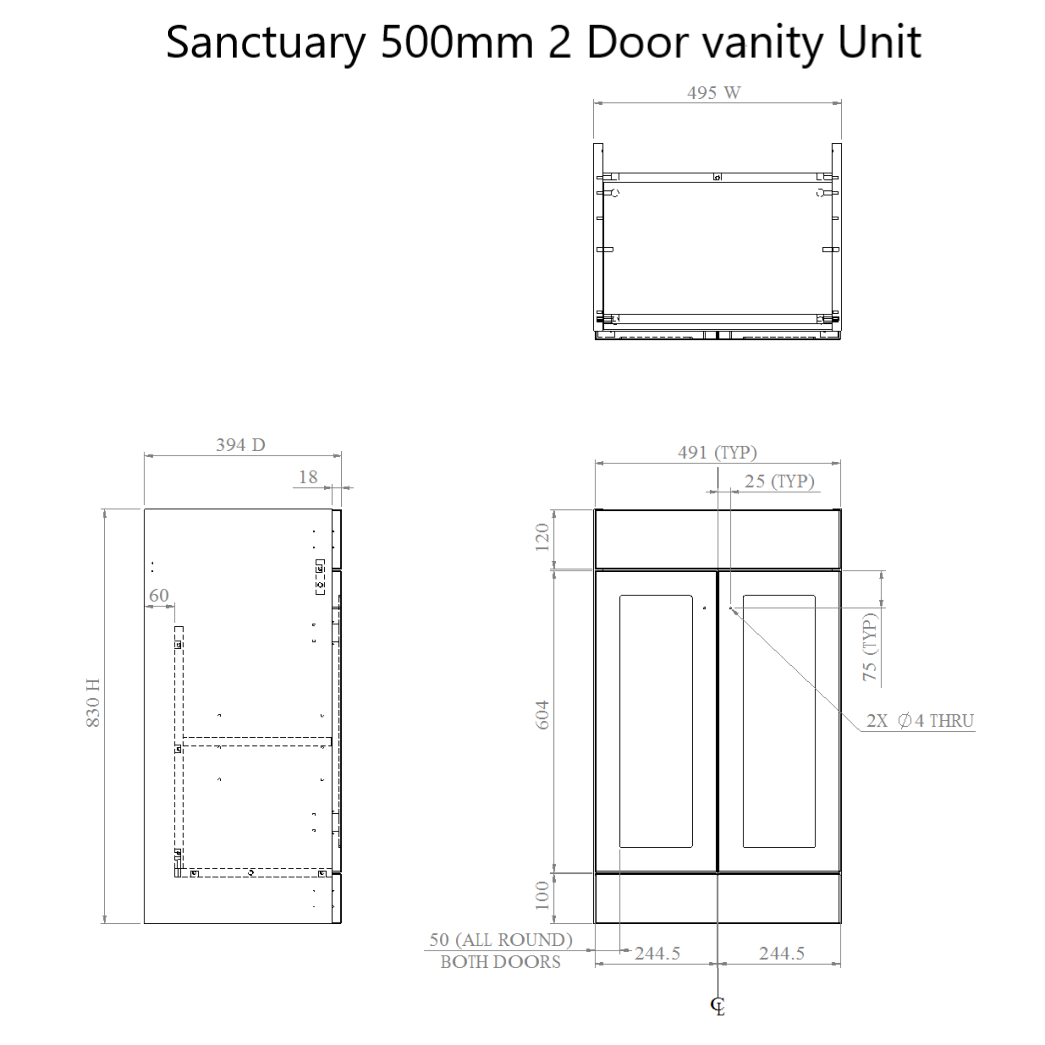 Sanctuary Shaker 500mm 2 Door Floor Standing Vanity Unit - Dimensions